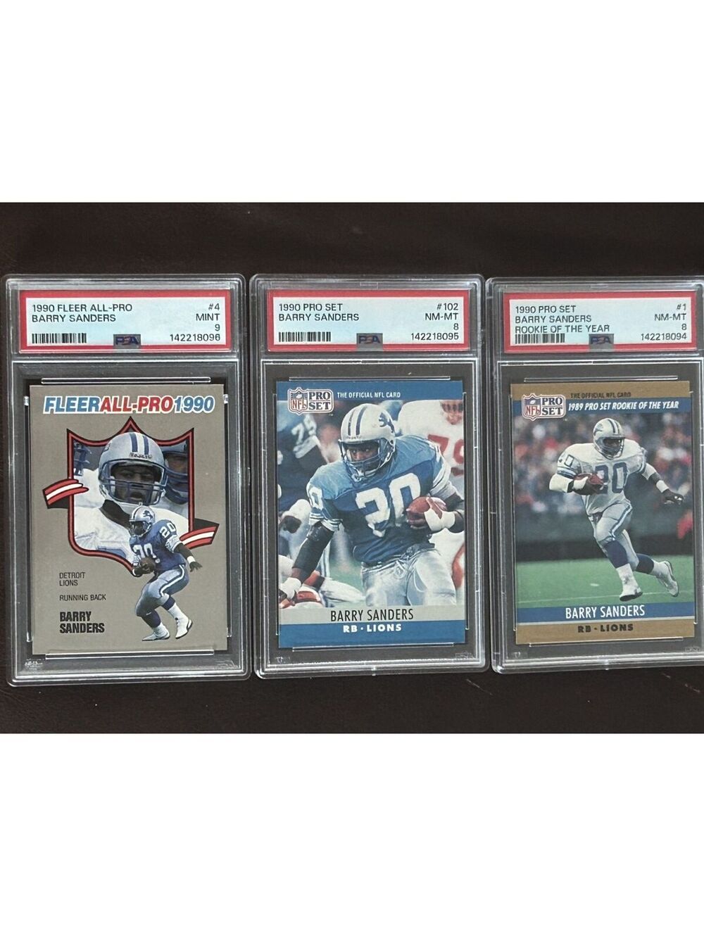 3 1990 BARRY SANDERS ROOKIE VINTAGE COLLECTION PSA GRADED NM-MT 9 & 8.